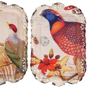 Vintage Painted Metal Trays with Colorful Birds